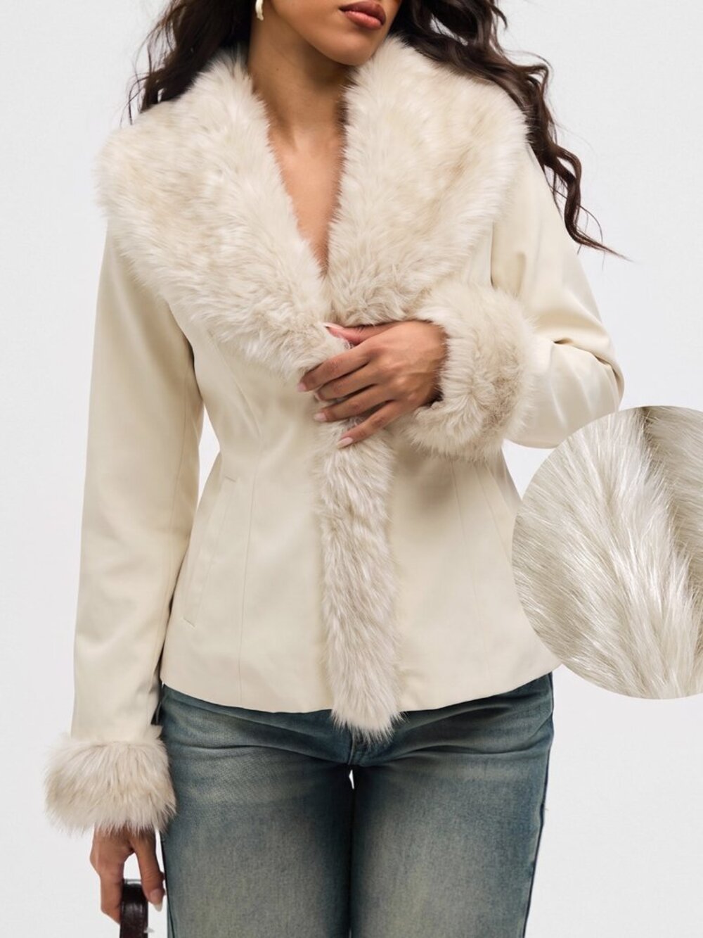 Beige Party Women's Fuzzy Patchwork Regular Coat